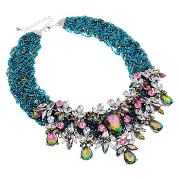 Silver with Green AB Austrian Crystal and Blue Beaded Chunky Collar Bib Necklace - Picture 1 of 5